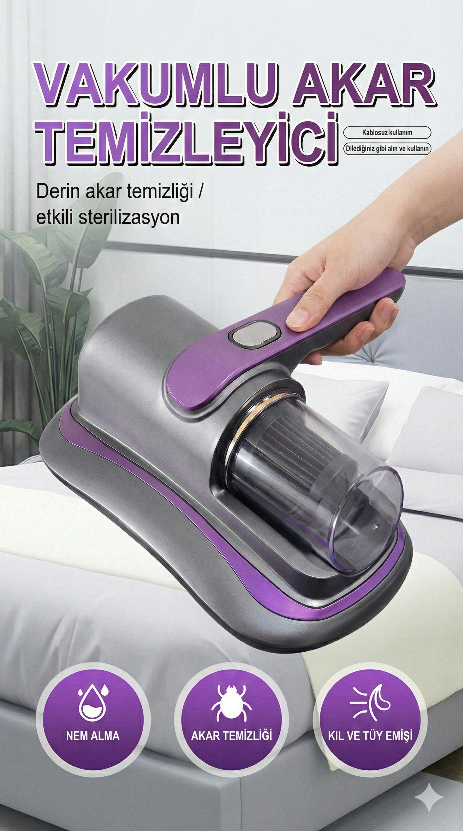 UV Işık Teknolojili Güçlü Motorlu Yatak Temizleme Cihazı - %99,9 Akar Giderme Özelliği ile